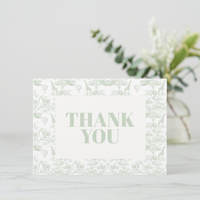 Green Safari Toile D Jouy Jungle Theme Baby Shower Thank You Card (Standing Front)