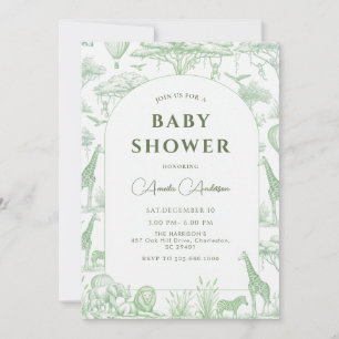 Green Safari Toile De Jouy Boy Baby Shower  Invitation