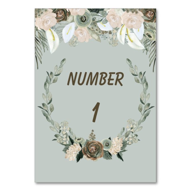 Green Sage and Vanilla Watercolors Table Numbers (Front)