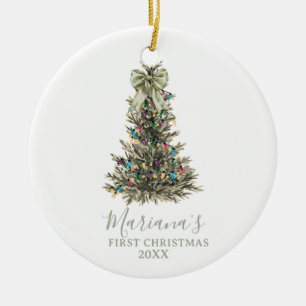 Green Sage Bow Pine Trees First Christmas Ceramic Ornament