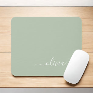Green Sage Girly Script Monogram Name Modern Mouse Pad