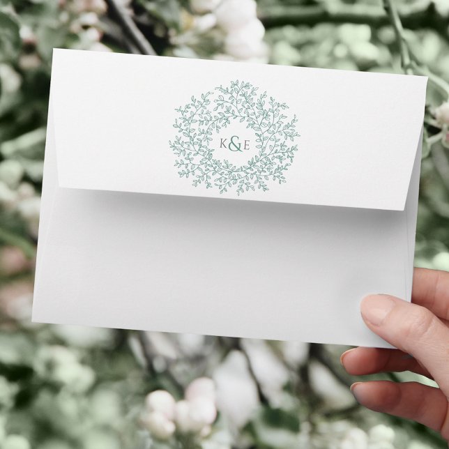 Green sage leaf monogram art wedding envelope (Creator Uploaded)
