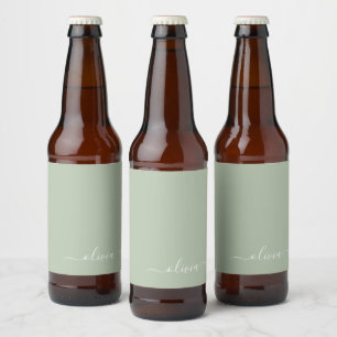 Green Sage Modern Script Girly Monogram Name Beer Bottle Label