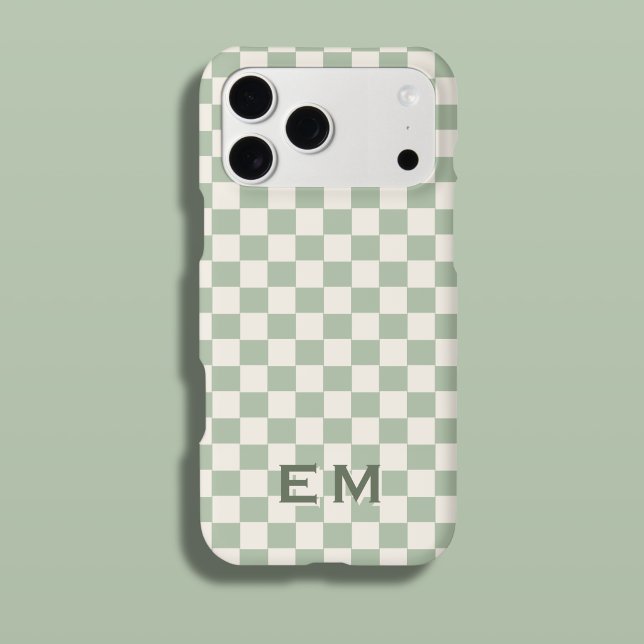 Green Sage Sand Earth Chequerboard Chequered Initi (Sage Green Checked Phone Case with Custom Initials)