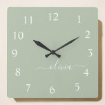 Green Sage Script Monogram Girly Name  Square Wall Clock<br><div class="desc">Introducing our Sage Green Minimalist Modern Monogram Elegant Collection: Elevate your aesthetic with serene sophistication and timeless elegance. Our collection showcases minimalist designs in a tranquil sage green hue, complemented by refined monograms tailored to your personal style. From polished stationery to versatile accessories, each piece in our collection is meticulously...</div>