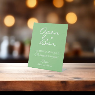 Green Sage Signature Script Open Bar Wedding Pedestal Sign