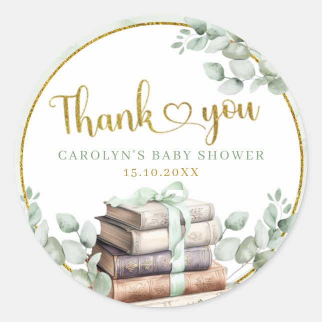 Green Sage Storybook Baby Shower Thank You Sticker (Front)