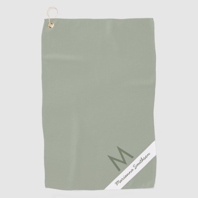 Green Sage Stripe Modern Monogrammed Name Custom Golf Towel (Front)
