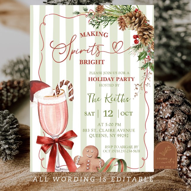 Green Sage Stripes Christmas Making Spirit Bright  Invitation (Creator Uploaded)