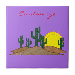 Green Saguaro Cactus Desert Sunrise Thunder_Cove Ceramic Tile