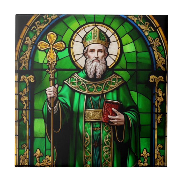 Green Saint Patrick St Patricks Day Stained Glass Ceramic Tile (Front)