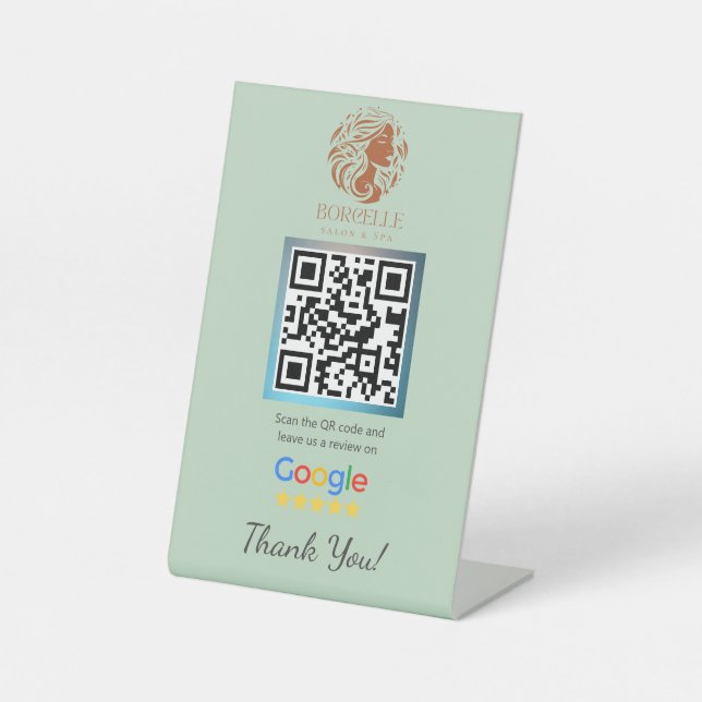Green Salon Google Review Counter Stand Template Pedestal Sign (Front)