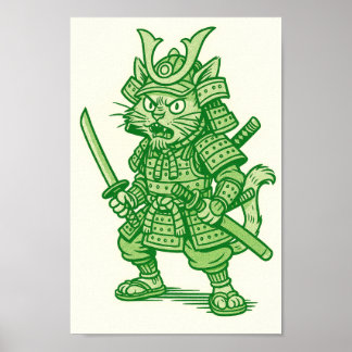 Green Samurai Cat Poster