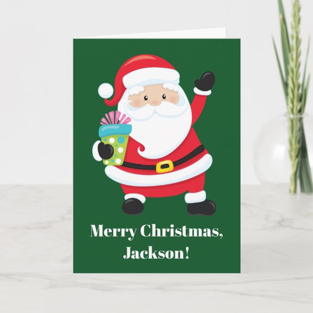 Green Santa Claus Customised Kids Christmas Card (Front)