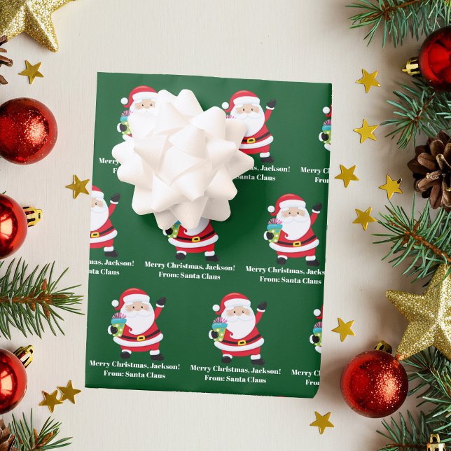 Green Santa Claus Customised Kids Christmas Wrapping Paper Sheet (Creator Uploaded)