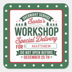 Green Santa Workshop Special Delivery Xmas Dotted Square Sticker
