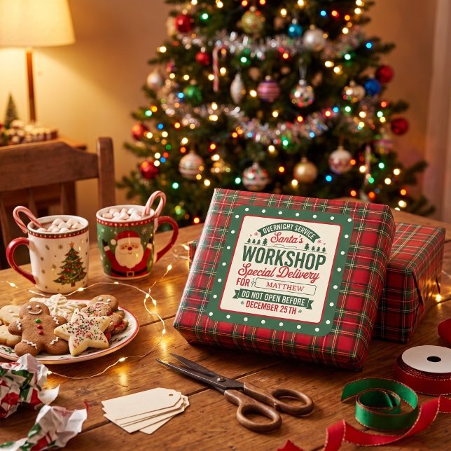 Green Santa Workshop Special Delivery Xmas Dotted Square Sticker (Creator Uploaded)
