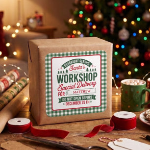 Green Santa Workshop Special Delivery Xmas Plaid Square Sticker