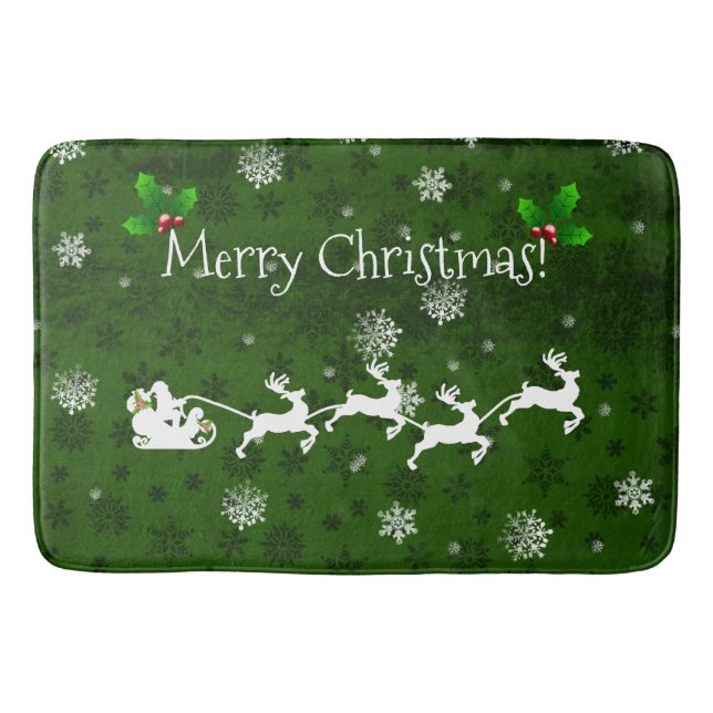 Green Santa's Sleigh and Reindeer Bath Mat (Front)