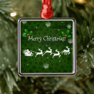 Green Santa's Sleigh and Reindeer Ceramic Ornament