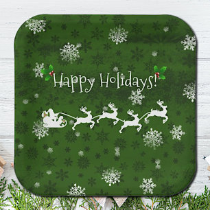 Green Santa's Sleigh and Reindeer Paper Plate
