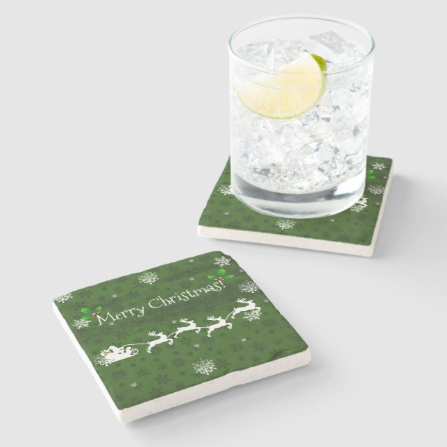 Green Santa's Sleigh and Reindeer Stone Coaster (Side)