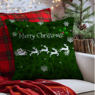 Green Santa's Sleigh and Reindeer Throw Pillow