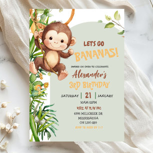Green Savannah Monkey Let's Go Bananas Birthday Invitation