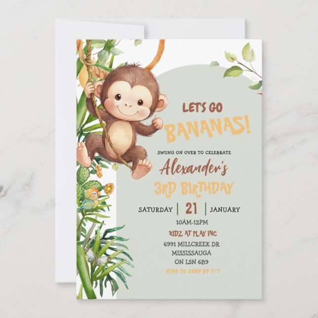 Green Savannah Monkey Let's Go Bananas Birthday Invitation (Front)