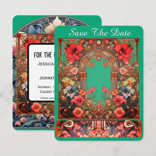 Green Save The Date Card Mucha Style (Front/Back)