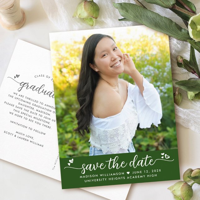 Green Save the Date Photo Graduation Script Hearts Invitation Postcard (Creator Uploaded)