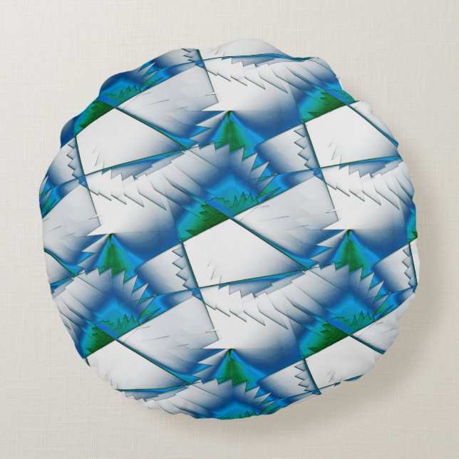 Green saws or zigzag on intense cyan to sky blue  round cushion (Back)