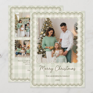 Green Scalloped Gingham 5 Photo Collage Christmas Holiday Card