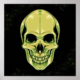 Green Scary Grinning Skull On Grunge Background Poster