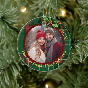 Green Scottish Plaid Our First Christmas Photo Ceramic Ornament