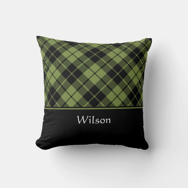 Green Scottish Tartan Plaid Personalised Name Cushion (Front)