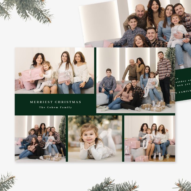 Green Script Merry Christmas Five Photo Collage Holiday Card (Creator Uploaded)
