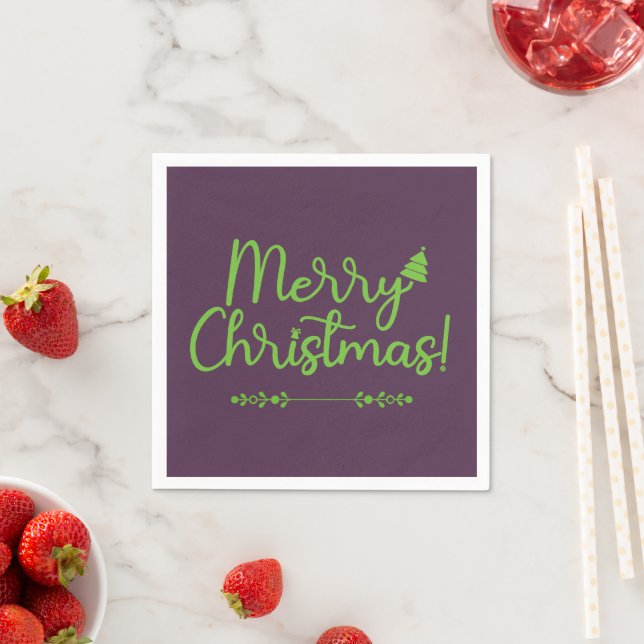 Green Script Merry Christmas on Violet Paper Napkin (Insitu)