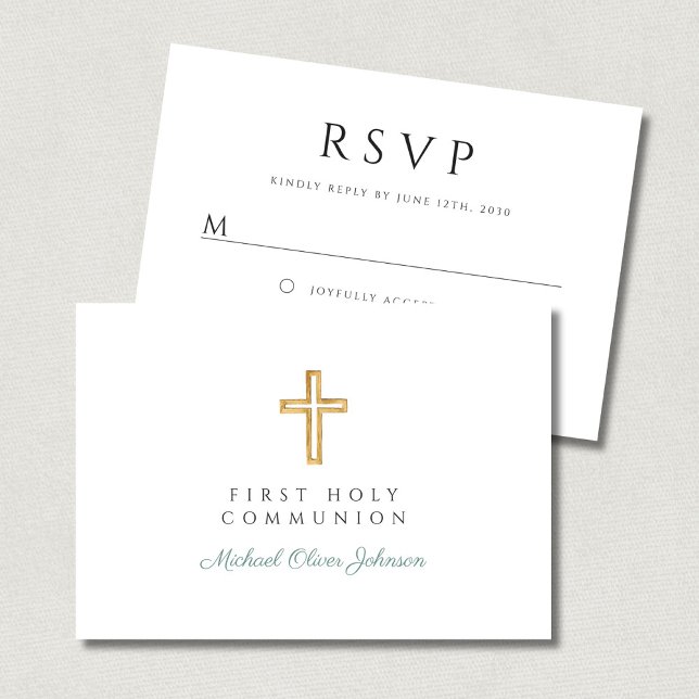 Green Script Religious Cross Boy First Communion  RSVP Card (Green Script Religious Cross Boy First Communion RSVP Card)