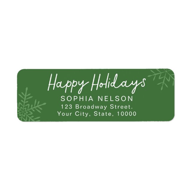 Green Script Snowflakes Holidays Return Address Label (Front)