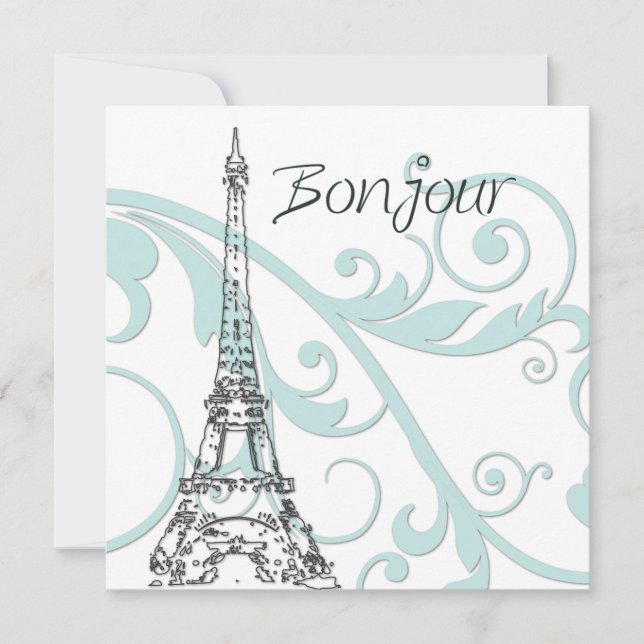 Green Scrolls and Eiffel Tower Invitation (Front)