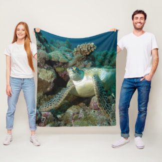Green Sea Turtle after resting among coral reef | Fleece Blanket