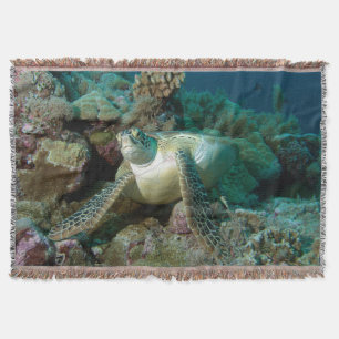 Green Sea Turtle after resting among coral reef    Throw Blanket