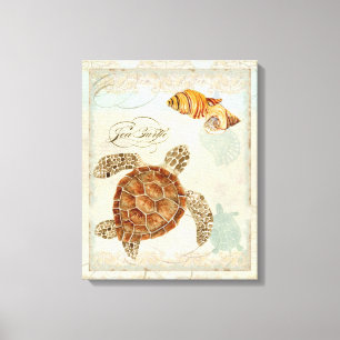 Green Sea Turtle Coastal Beach - Watercolor Art Canvas Print