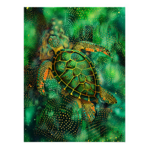 Green Sea Turtle in Aborigine Dot Art Style Poster