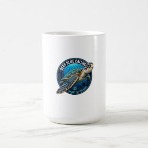 Green sea turtle inside a round ocean emblem. coffee mug
