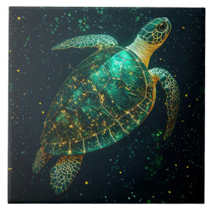Green Sea Turtle on Dark Background Ceramic Tile