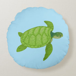 Green sea turtle on turquoise background round cushion