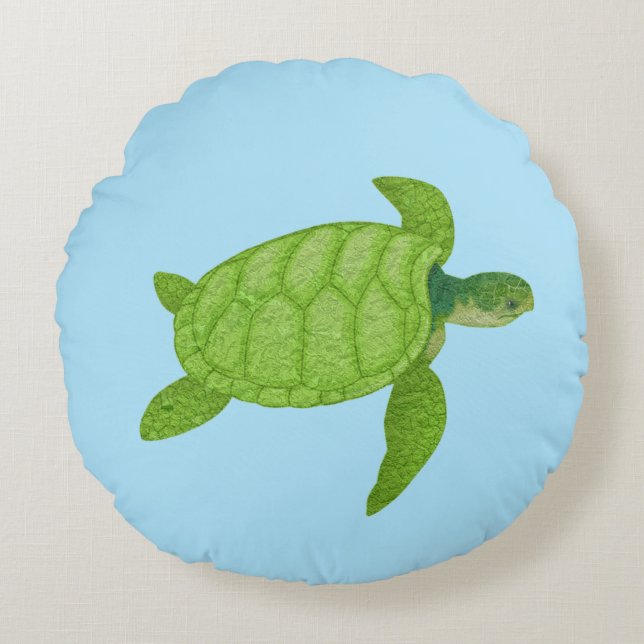 Green sea turtle on turquoise background round cushion (Front)