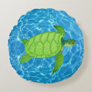 Green Sea Turtle on Turquoise Water Background Round Cushion